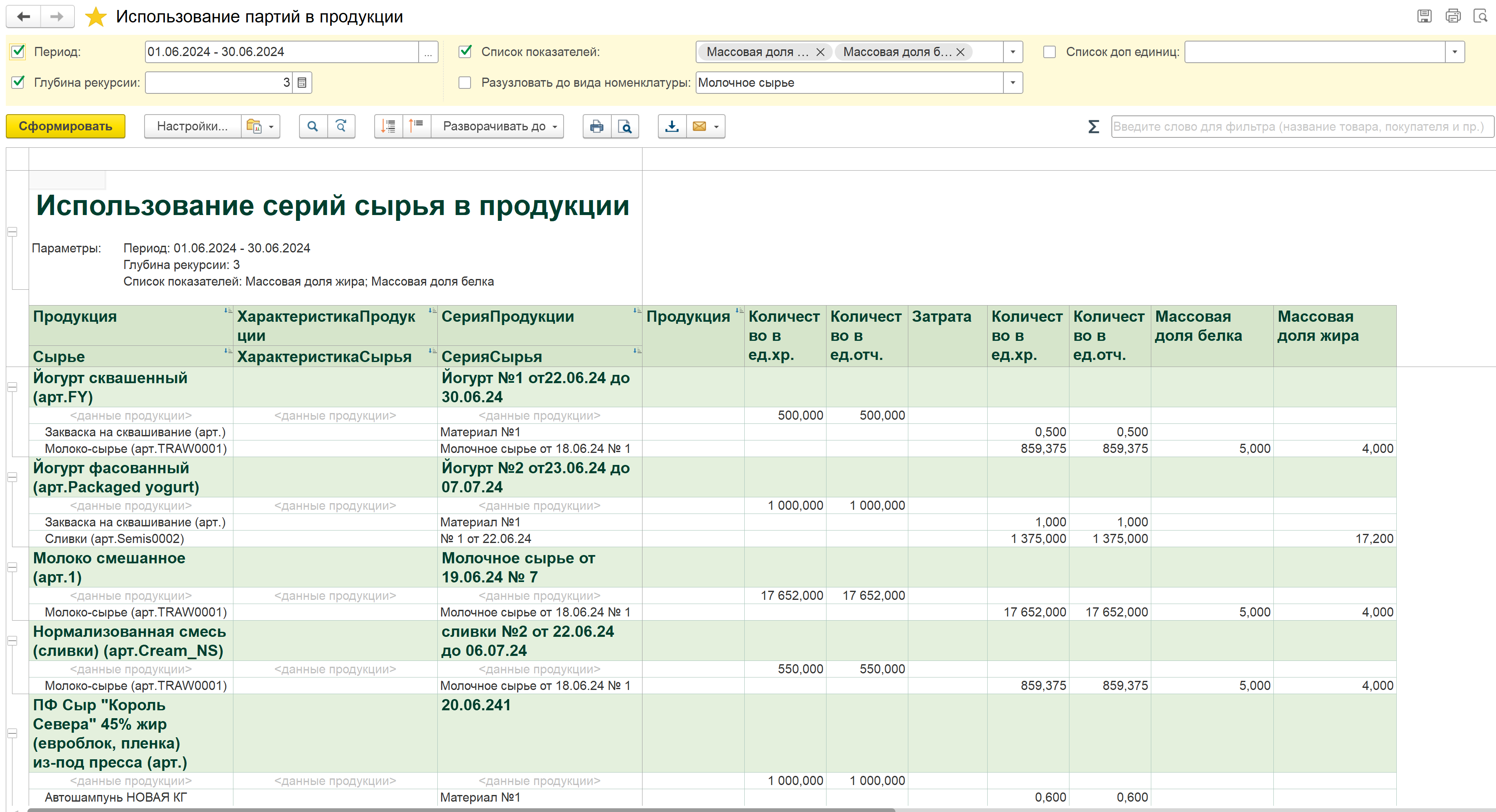 Использование серий сырья