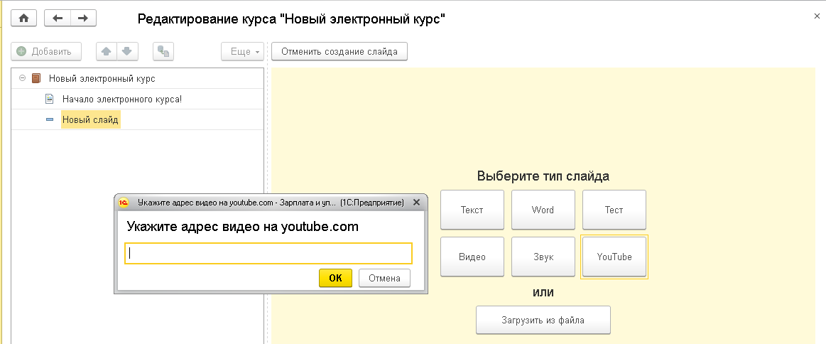 Рис.12. Редактирование типа слайда YouTube в программе «1С:ЗУП КОРП»