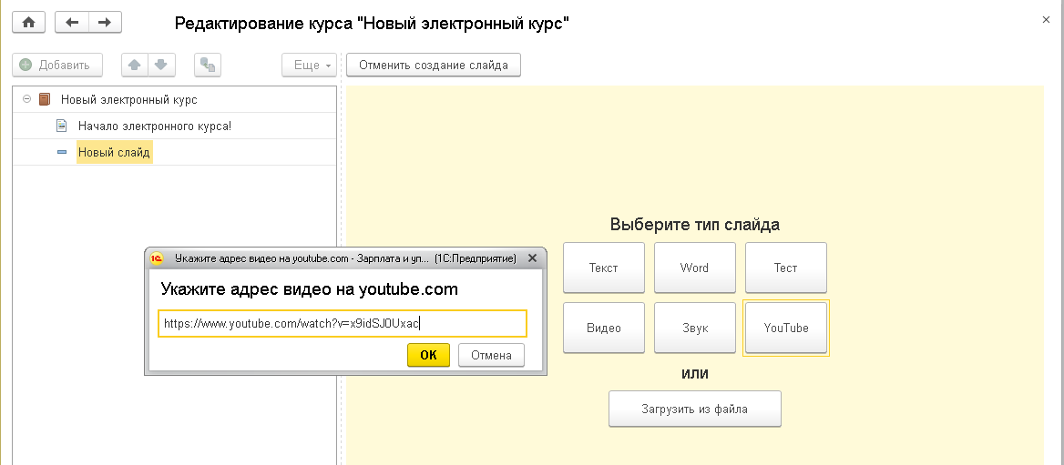 Рис.13. Указание адреса видео на YouTube в программе «1С:ЗУП КОРП»