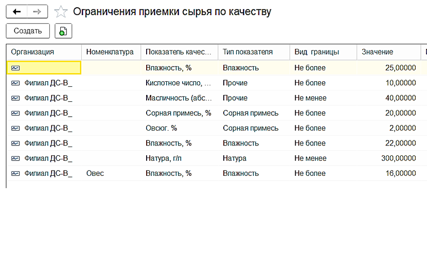 Регистр сведений «Ограничения приемки сырья по качеству»