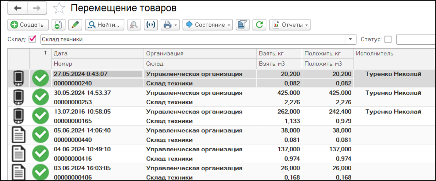 перемещение товаров на складе в вмс