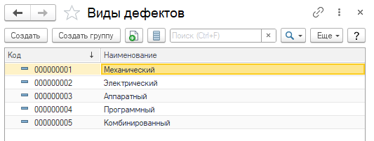 Справочник «Виды дефектов»