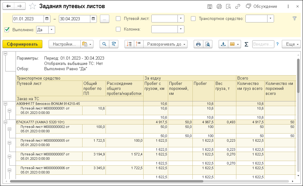 отчет задания путевых листов в уат