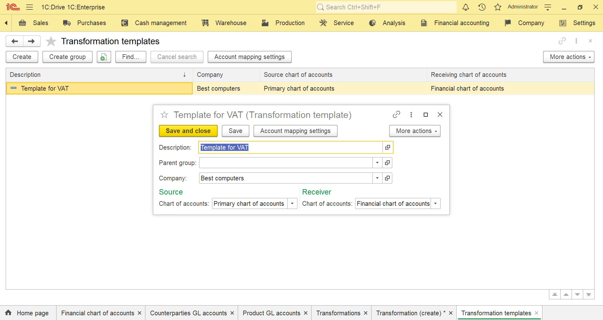 Интерфейс Financial accounting — Transformation templates