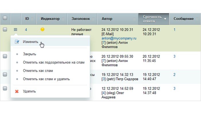 Действия с обращениями