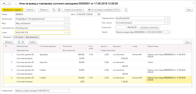 Акт на вывод и сортировку молодняка