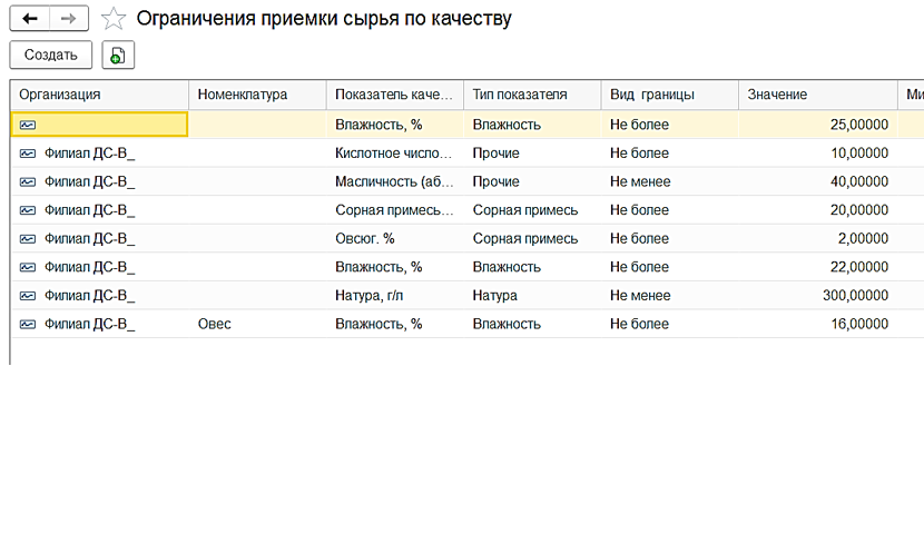 Регистр сведений «Ограничения приемки сырья по качеству»