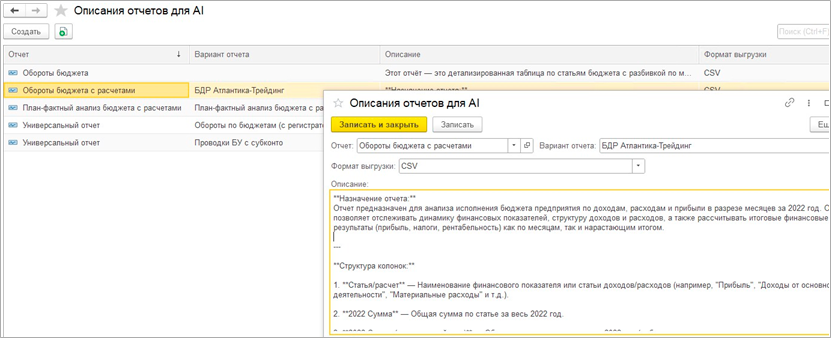 Описания отчетов для AI