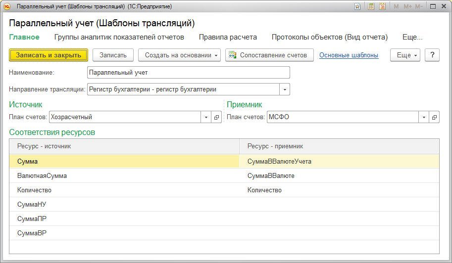 Пример заполнения справочника «Шаблоны трансляций» для транзакционной модели