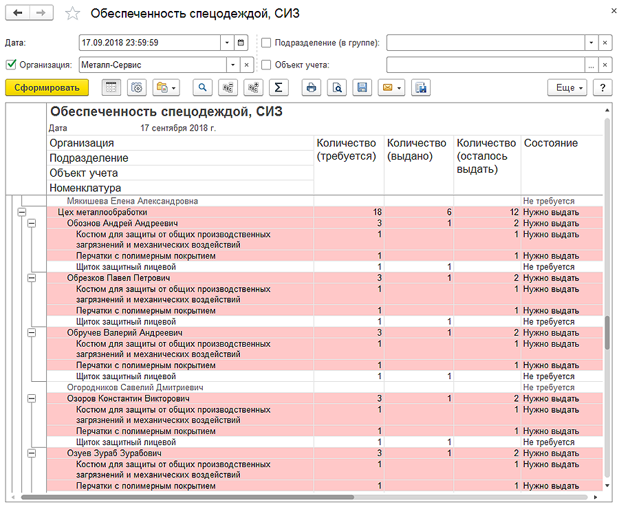 Отчет об обеспеченности СИЗ