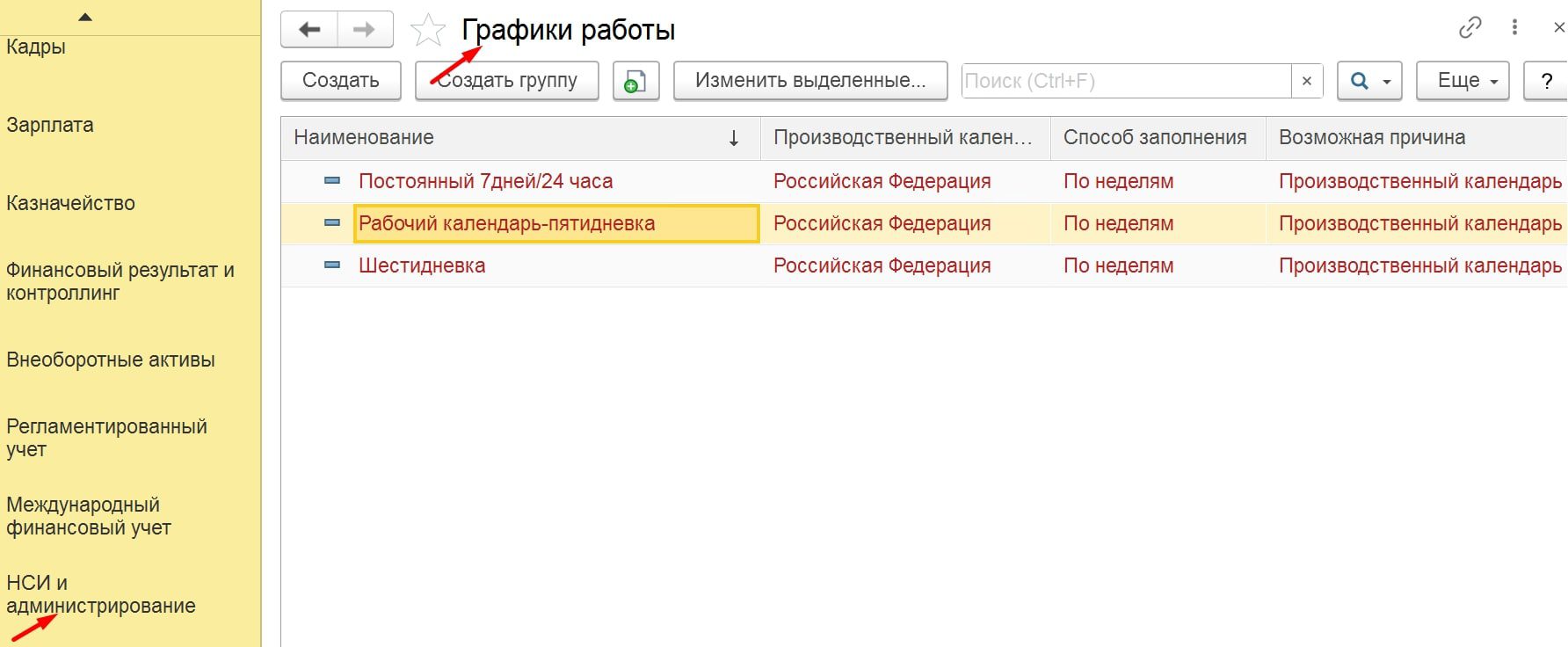 Настройка графиков работы сотрудников организации