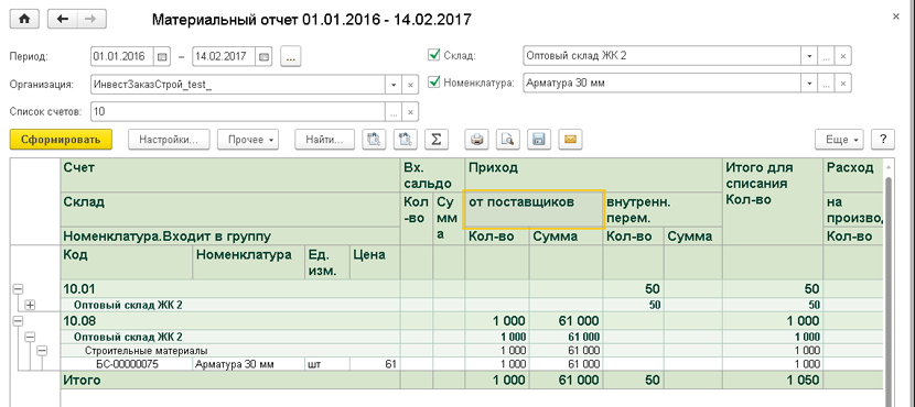 Материальный отчет в решении 1С:Бухгалтерия строительной организации