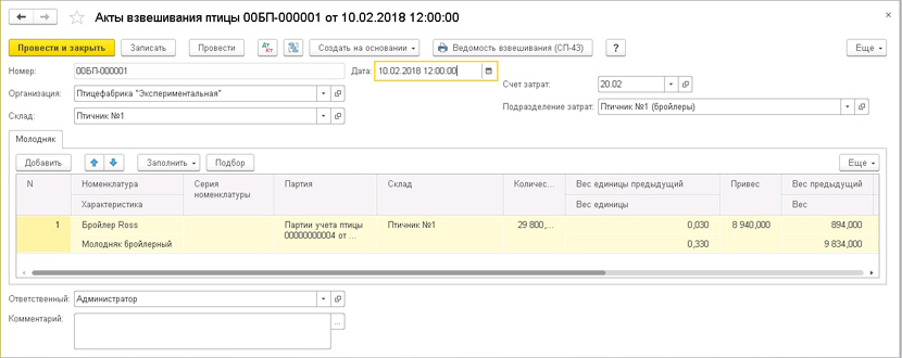 Акт взвешивания птицы