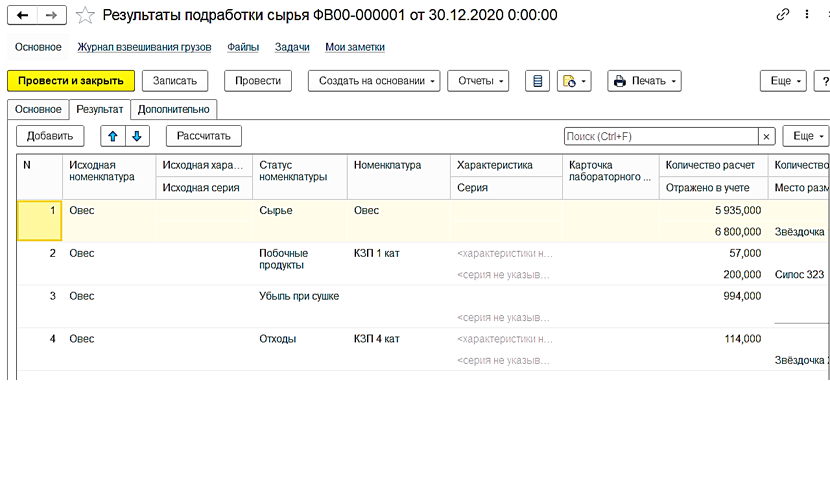 Результаты подработки сырья