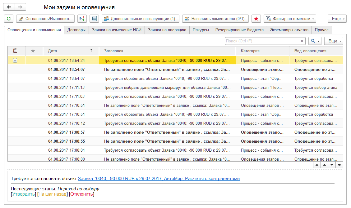 задачи и оровещения в 1с ух