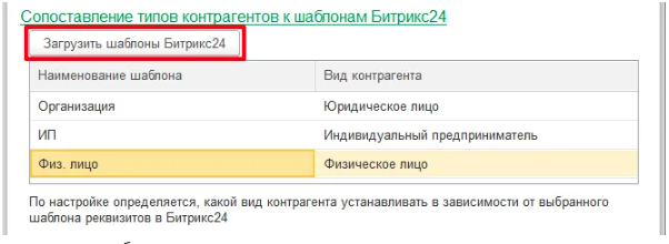 Настройка сопоставления типов контрагентов и шаблонов Битрикс24
